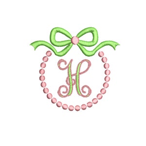 Pearls & Bow Monogram  Frame 4 Sizes Classic Preppy Machine Embroidery Design