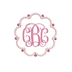 May include: Pink monogram with the letters "GBC" in a script font, surrounded by a circle of pink pearls.