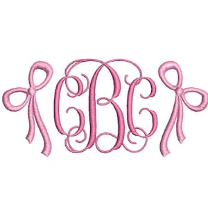 May include: A pink monogram with the letters "GBC" in a script font, with two pink bows on either side of the monogram.