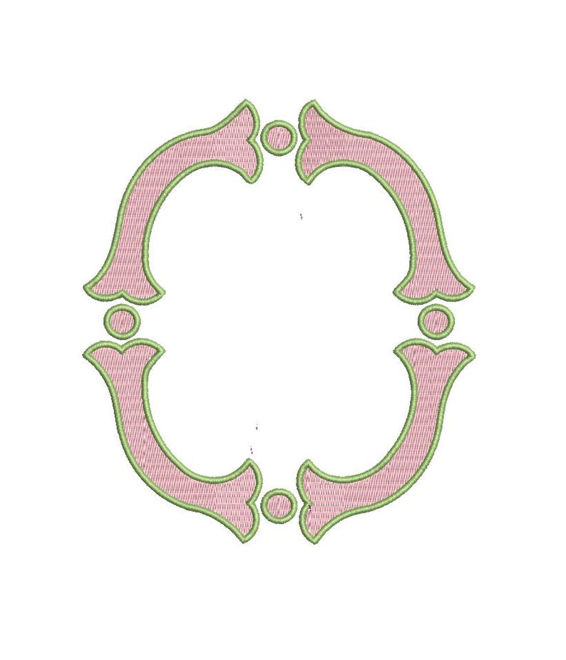 K&ouml;nnte beinhalten: Ein ovales Stickdesign mit einer hellrosa F&uuml;llung und einem hellgr&uuml;nen Satinstichrand. Der Rahmen besteht aus vier geschwungenen Segmenten, die durch kleine hellgr&uuml;ne Kreise oben, unten und an beiden Seiten voneinander getrennt sind.