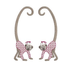 May include: Embroidered design featuring two monkeys with long, curved tails. The monkeys have gray faces and bodies with pink and white zigzag patterns. They wear white hats with pink bows, and their arms and legs are gray.
