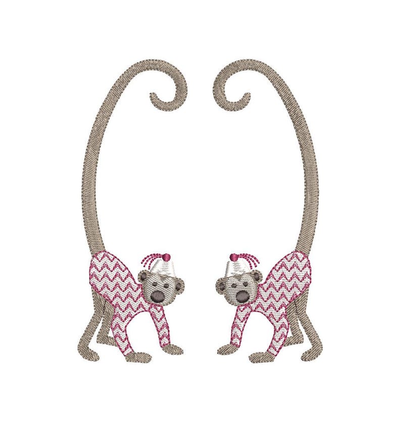 May include: Embroidered design featuring two monkeys with long, curved tails. The monkeys have gray faces and bodies with pink and white zigzag patterns. They wear white hats with pink bows, and their arms and legs are gray.
