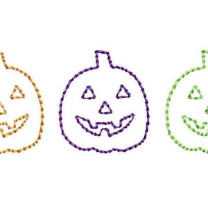 May include: Three embroidered jack-o'-lantern designs in orange, purple, and green. Each design features a simple, stitched outline of a pumpkin with a smiling face.