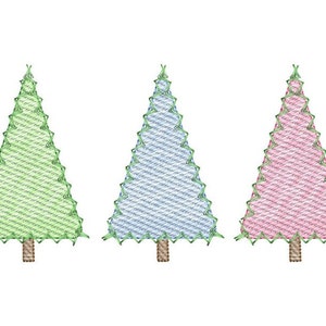 May include: Three stylized Christmas trees with a striped pattern. The trees are green, blue, and pink.