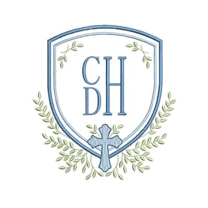 May include: Embroidered crest design in shades of blue and green on a white background. The crest features the letters "CH" and "DH" in a stacked arrangement, a cross, and a surrounding wreath of leaves.