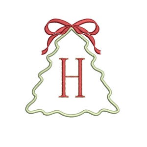 Könnte beinhalten: Ein weihnachtsbaumförmiges Design mit roter Schleife und dem Buchstaben "H" in der Mitte. Der Baumumriss ist hellgrün, der Buchstabe rot und mit einem gepunkteten Muster versehen.