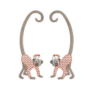 May include: Two embroidered monkeys with long, curved tails. The monkeys wear white party hats with red accents and are dressed in red and white zigzag patterned outfits. The image is set against a white background.