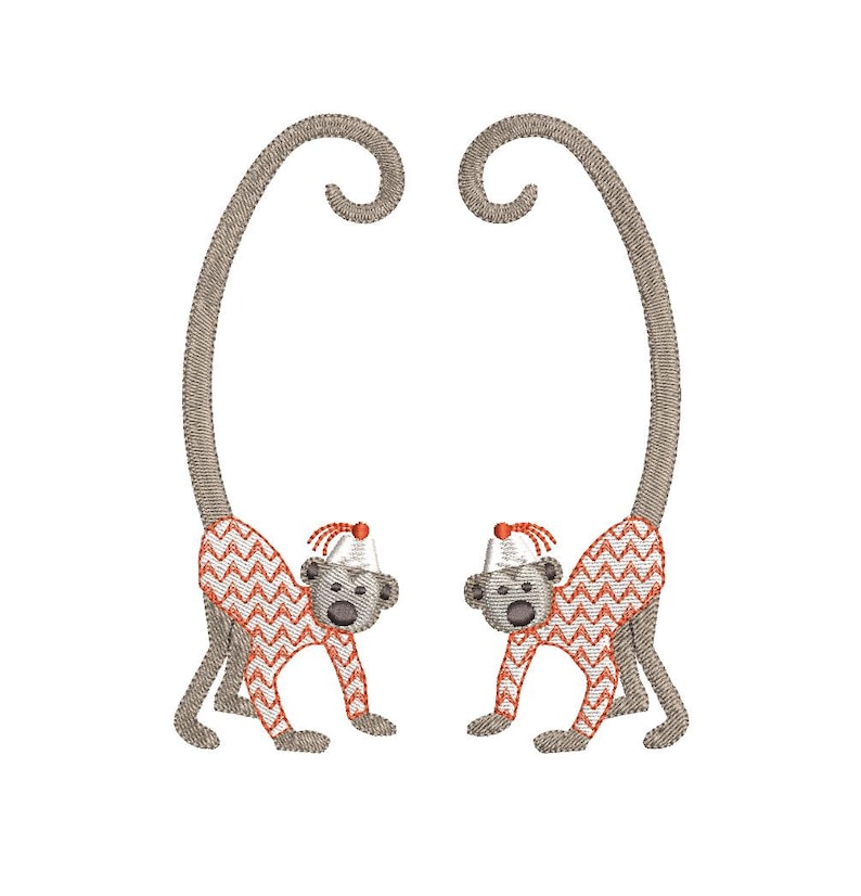 May include: Two embroidered monkeys with long, curved tails. The monkeys wear white party hats with red accents and are dressed in red and white zigzag patterned outfits. The image is set against a white background.