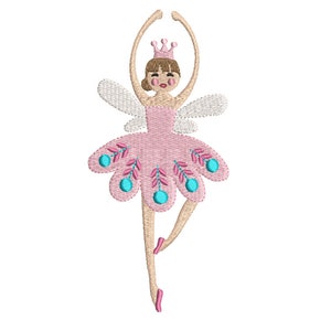 May include: A pink ballerina fairy with brown hair, a pink crown, white wings, and a pink tutu with blue and pink floral details. The fairy is on one leg with her other leg raised.