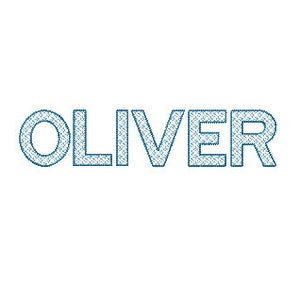 Puede incluir: La palabra "OLIVER" está escrita en una fuente azul con patrón.