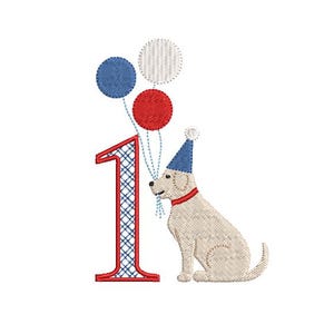 May include: A red, white, and blue birthday design with a dog wearing a party hat and holding balloons. The number one is in the background with a blue and white checkered pattern.