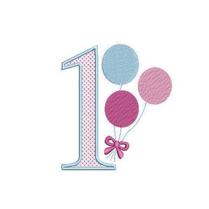 Può includere: Un numero uno blu con un design di palloncini rosa e blu. I palloncini hanno un fiocco rosa.
