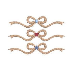 May include: Three brown rope bows with different colored centers. The top bow has a light blue circle, the middle bow has a red heart, and the bottom bow has a blue star.
