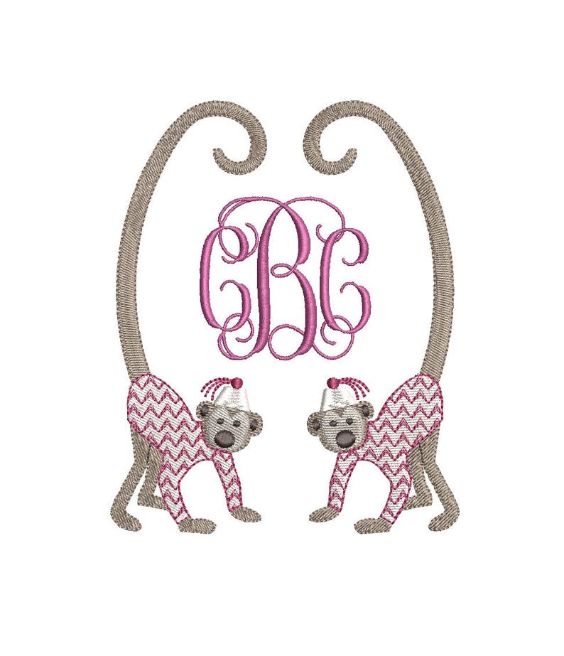 May include: Embroidered design featuring two monkeys wearing hats and patterned outfits. The monkeys are positioned on either side of a pink monogram with the letters "BC". The monkeys have long, curved tails.