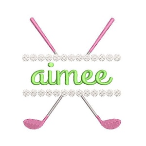 Może przedstawiać: Wzór kija golfowego w kolorze różowym i białym z napisem "aimee" w kolorze zielonym.
