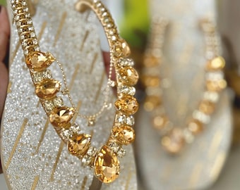 Handmade Bridal Rhinestone Flip Flops, Golden Sparkly Sandals