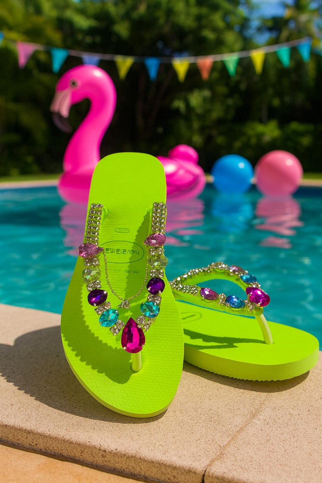 Handmade Neon Green Flip Flops: Crystal Accent Beach Sandals - Etsy