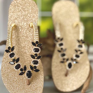 Black Crystal Flip Flops Handmade Sparkly Rhinestone Sandals Luxury Evening Guest Shoes Elegant Chic Wedding Party Bride Reception Glam