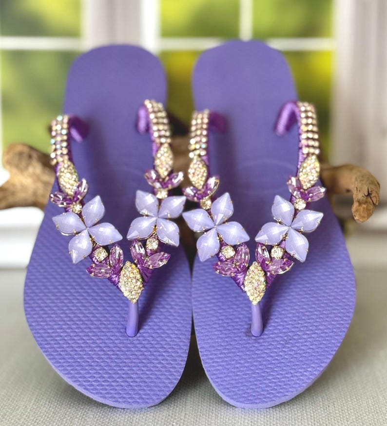Purple bridal shoes and dress sneakers - lavender rhinestone bridal flip flops