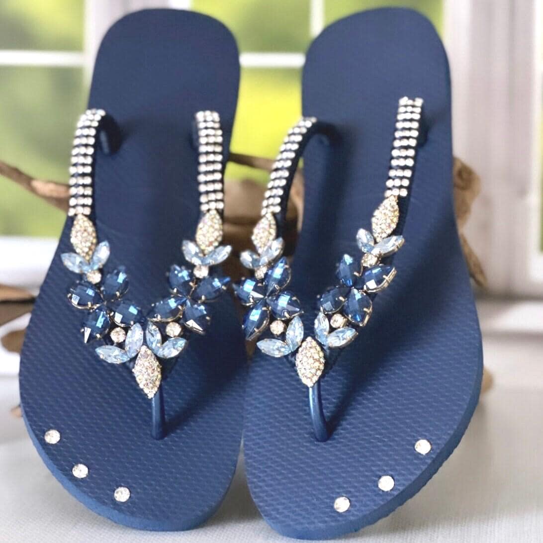 Wedding Dark Blue Flat Sandals Navy Blue Bridal Sandals