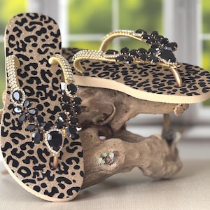 Cheetah Print Crystal Sandal Handmade Rhinestone Luxury Flip Flop Comfortable Elegant Glam Resort Shoe Chic Vacation Party Gift