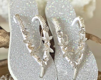 Silver Rhinestone Bridal Flip Flops, Handmade Destination Wedding Sandals