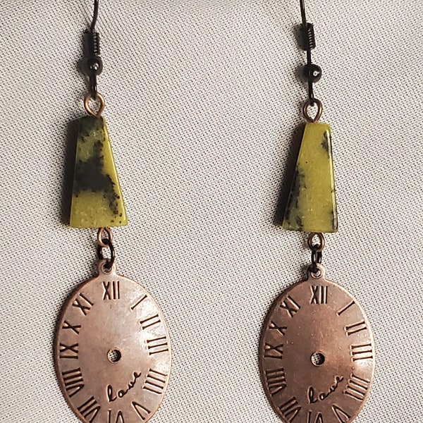 Handcrafted steampunk clock earrings with magnetite beads