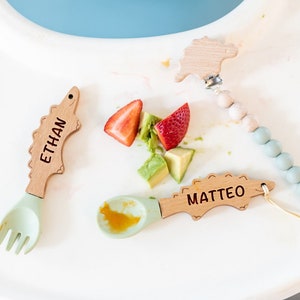 Personalized Spoon and Fork Set Adorable Dino Shape Laser Engraved Baby Safe Silicone Weaning & Training Utensils Baby Keepsake Gift image 7