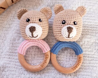 Personalized Crochet Baby Bear Rattles | Turnkey Gift Includes Gift Bag | Cotton Yarn and Beechwood | Baby Shower, Newborn, New Baby Gift