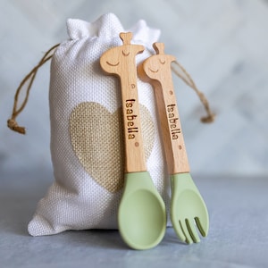 Personalized Baby Utensils Spoon and Fork Set Sweet Baby Giraffe Laser Engraved Silicone Weaning & Training Utensils New Baby Gift Olive Green