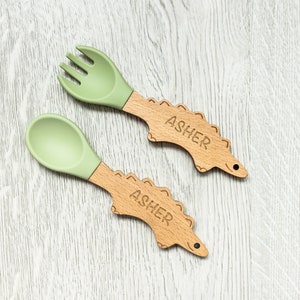 Personalized Spoon and Fork Set Adorable Dino Shape Laser Engraved Baby Safe Silicone Weaning & Training Utensils Baby Keepsake Gift image 5