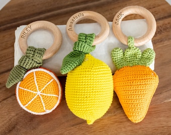 Personalized Fruit Rattle Baby Toy | Baby Birthday Gift with Option to Add Name | Vegan Baby Toy | Lemon, Orange, Carrot + Includes Gift Bag