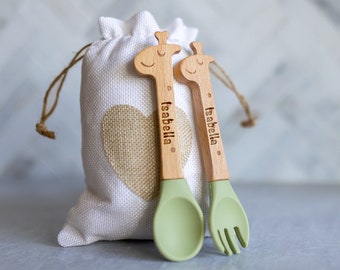 Personalized Spoon and Fork Set | Sweet Baby Giraffe | Laser Engraved | Baby Safe Silicone Weaning & Training Utensils | Baby Keepsake Gift