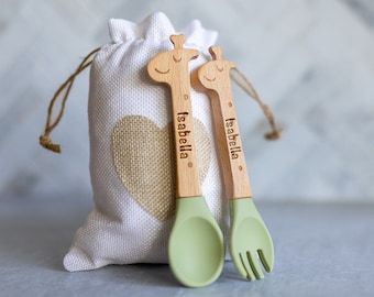 Personalized Spoon and Fork Set | Sweet Baby Giraffe | Laser Engraved | Baby Safe Silicone Weaning & Training Utensils | Baby Keepsake Gift