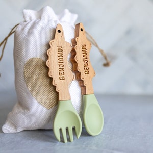Personalized Spoon and Fork Set Adorable Dino Shape Laser Engraved Baby Safe Silicone Weaning & Training Utensils Baby Keepsake Gift Yes, up to 12 spaces