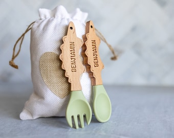 Personalized Spoon and Fork Set | Adorable Dino Shape | Laser Engraved | Baby Safe Silicone Weaning & Training Utensils | Baby Keepsake Gift