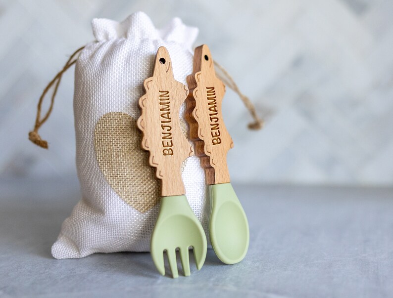 Personalized Spoon and Fork Set Adorable Dino Shape Laser Engraved Baby Safe Silicone Weaning & Training Utensils Baby Keepsake Gift Yes, up to 12 spaces