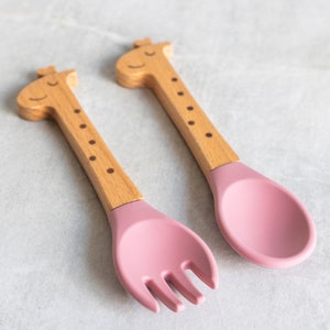 Personalized Spoon and Fork Set Sweet Baby Giraffe Laser Engraved Baby Safe Silicone Weaning & Training Utensils Baby Keepsake Gift image 4