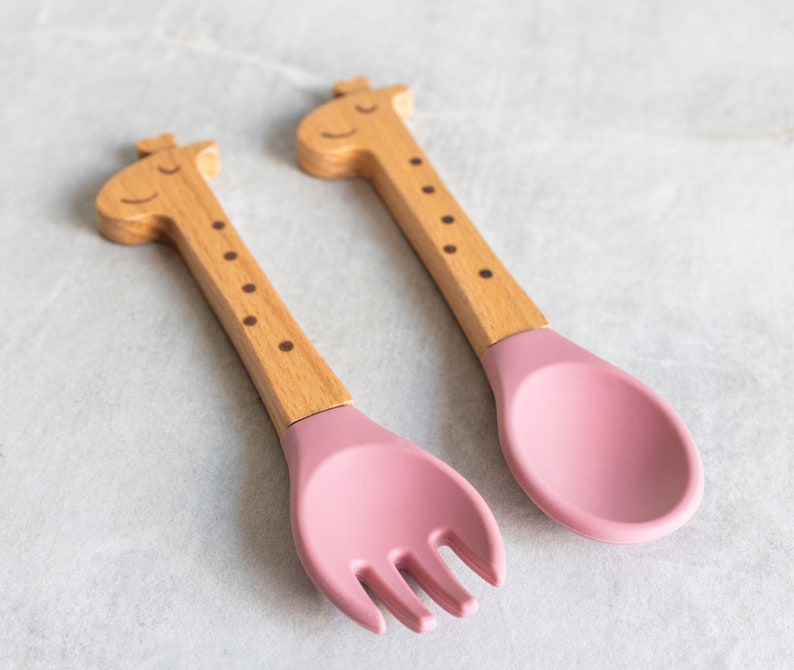 Personalized Spoon and Fork Set Sweet Baby Giraffe Laser Engraved Baby Safe Silicone Weaning & Training Utensils Baby Keepsake Gift image 4