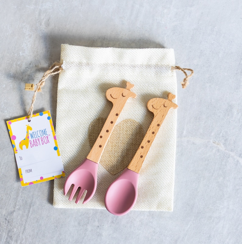 Personalized Baby Utensils Spoon and Fork Set Sweet Baby Giraffe Laser Engraved Silicone Weaning & Training Utensils New Baby Gift Dusty Rose