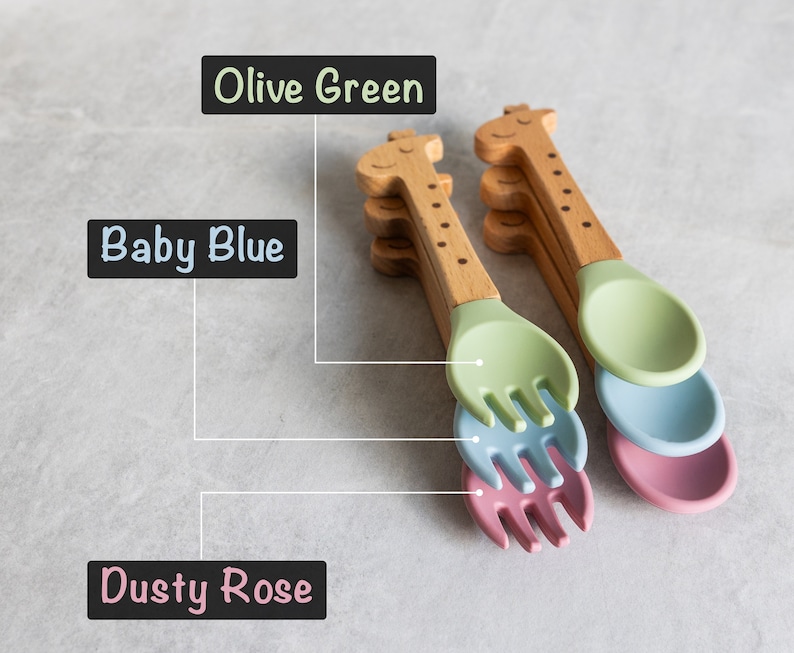 Personalized Baby Utensils Spoon and Fork Set Sweet Baby Giraffe Laser Engraved Silicone Weaning & Training Utensils New Baby Gift image 5