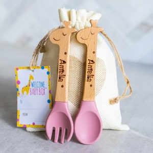 Personalized Spoon and Fork Set Sweet Baby Giraffe Laser Engraved Baby Safe Silicone Weaning & Training Utensils Baby Keepsake Gift image 1