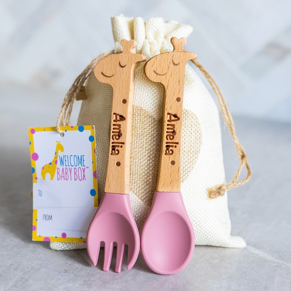 Personalized Spoon and Fork Set | Sweet Baby Giraffe | Laser Engraved | Baby Safe Silicone Weaning & Training Utensils | Baby Keepsake Gift