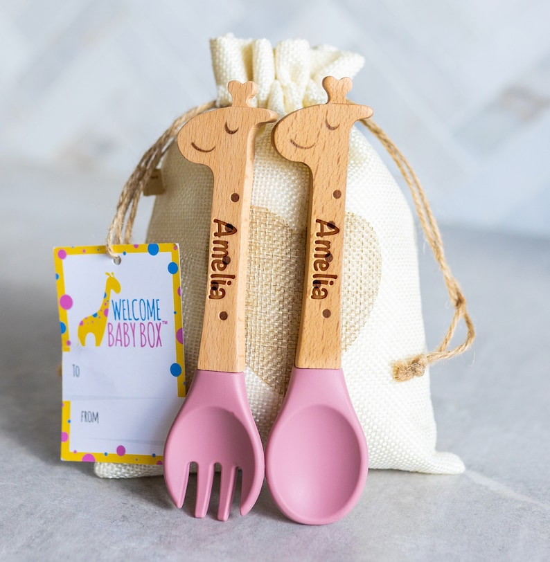 Personalized Spoon and Fork Set Sweet Baby Giraffe Laser Engraved Baby Safe Silicone Weaning & Training Utensils Baby Keepsake Gift image 1