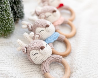 Personalized Crochet Animals Baby Rattles | Elk Deer Baby Rattle | Includes Gift Bag| Cotton Yarn and Beechwood | New Baby, Winter Baby Gift