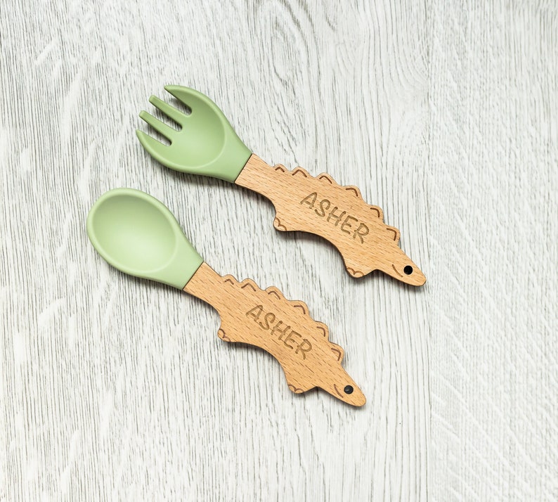 Personalized Spoon and Fork Set Adorable Dino Shape Laser Engraved Baby Safe Silicone Weaning & Training Utensils Baby Keepsake Gift image 5