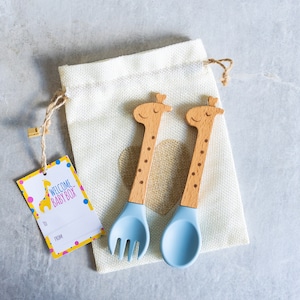 Personalized Baby Utensils Spoon and Fork Set Sweet Baby Giraffe Laser Engraved Silicone Weaning & Training Utensils New Baby Gift Baby Blue