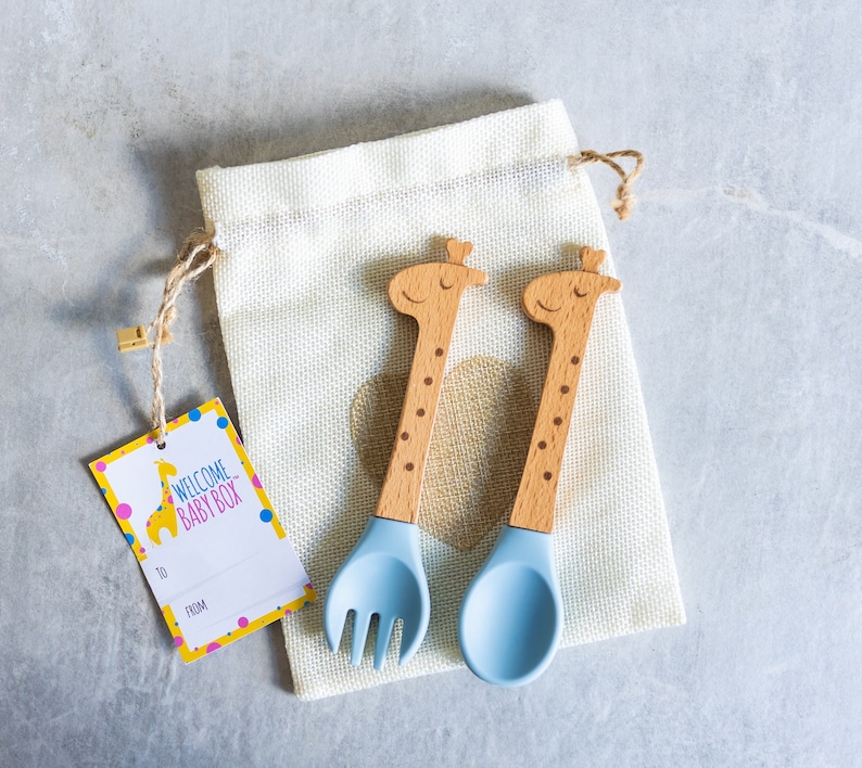 Personalized Baby Utensils Spoon and Fork Set Sweet Baby Giraffe Laser Engraved Silicone Weaning & Training Utensils New Baby Gift Baby Blue