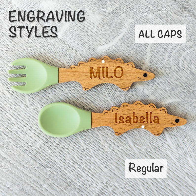 Personalized Spoon and Fork Set Adorable Dino Shape Laser Engraved Baby Safe Silicone Weaning & Training Utensils Baby Keepsake Gift image 3