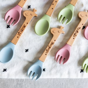 Personalized Baby Utensils Spoon and Fork Set Sweet Baby Giraffe Laser Engraved Silicone Weaning & Training Utensils New Baby Gift image 1